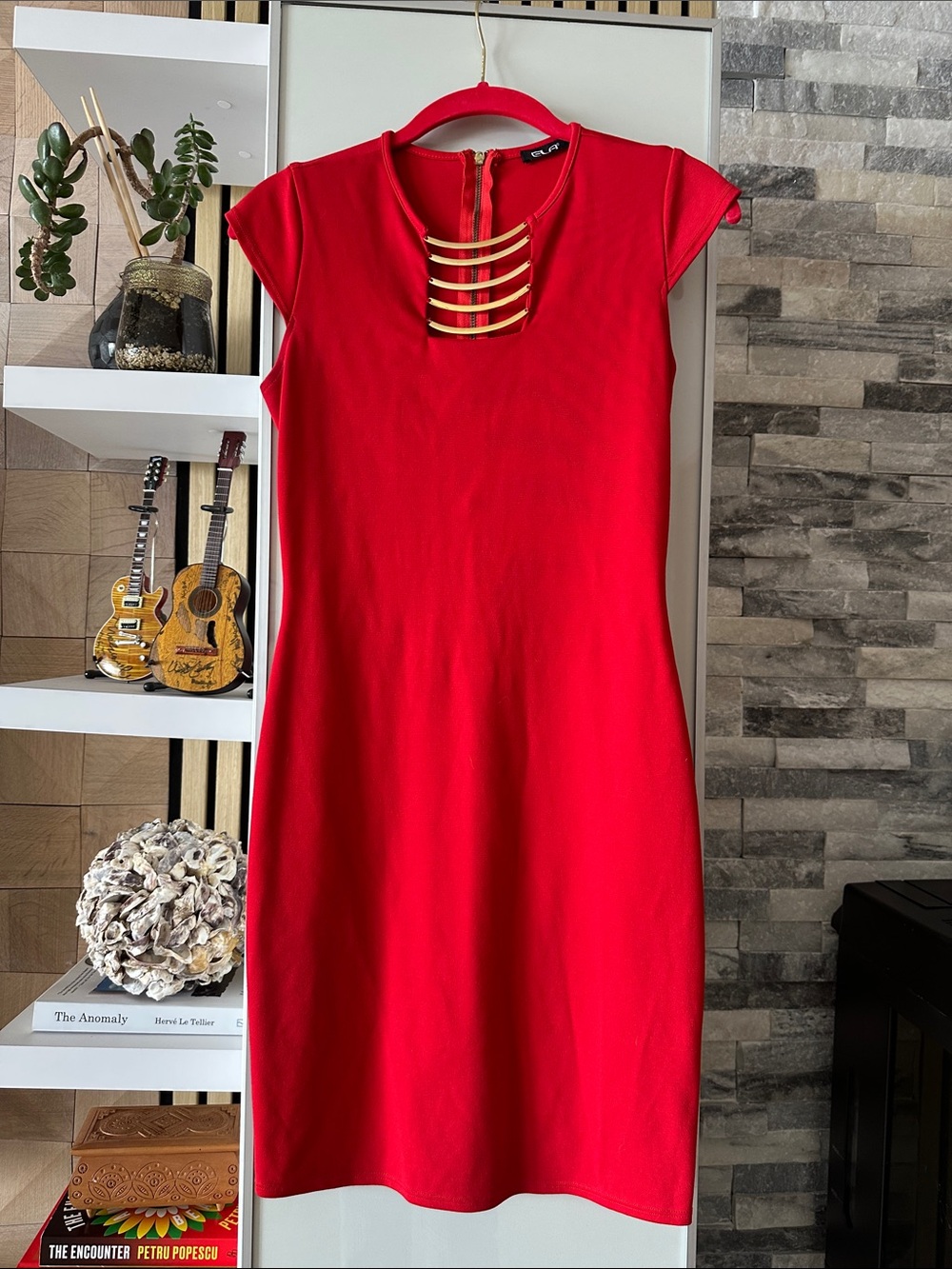 ELF Red Cap-Sleeve Mini Dress with Gold Neck Accents